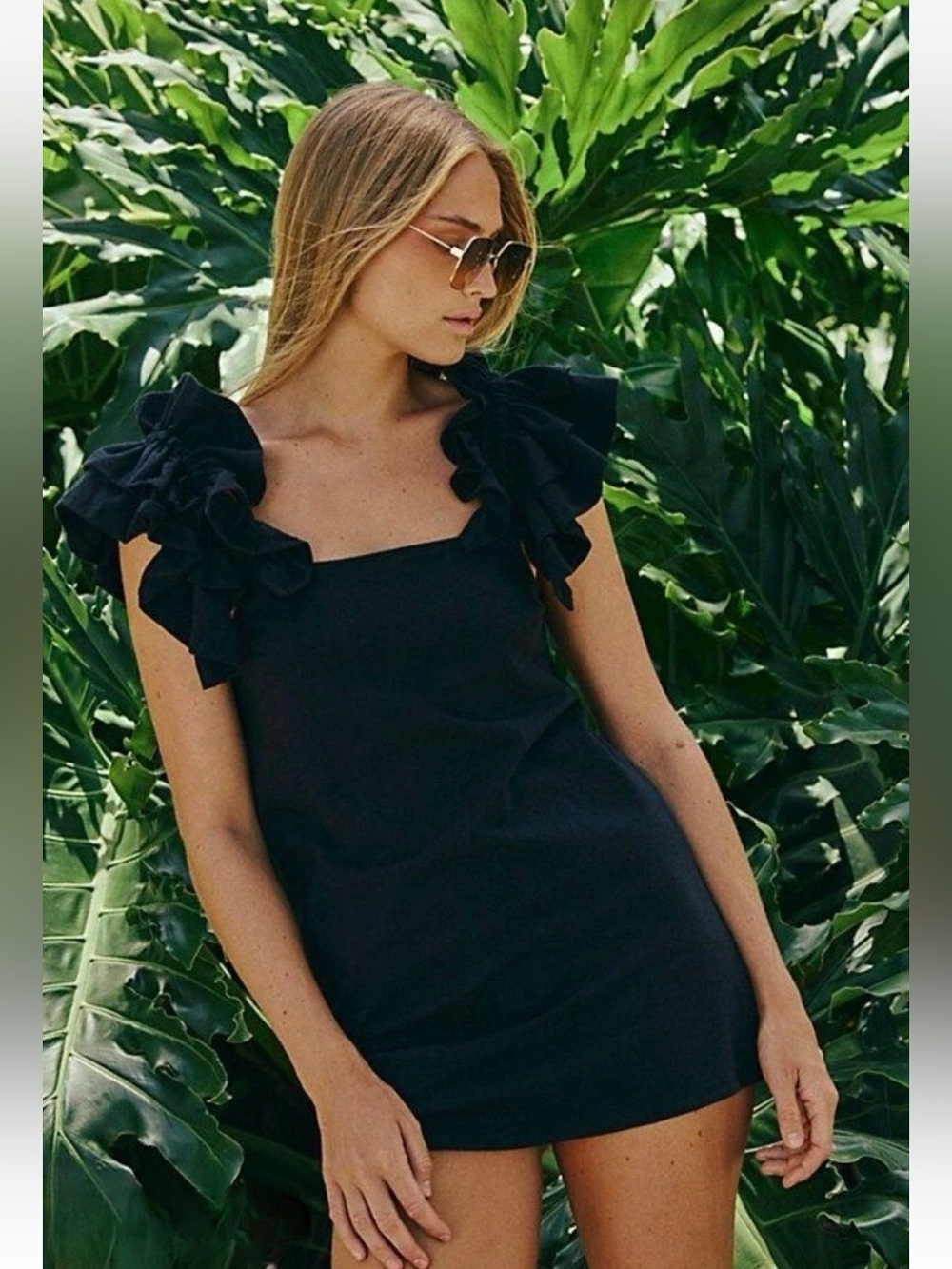 Free People Beach Womens Black Ruffle-Sleeve Mini Dress Pockets size medium NEW